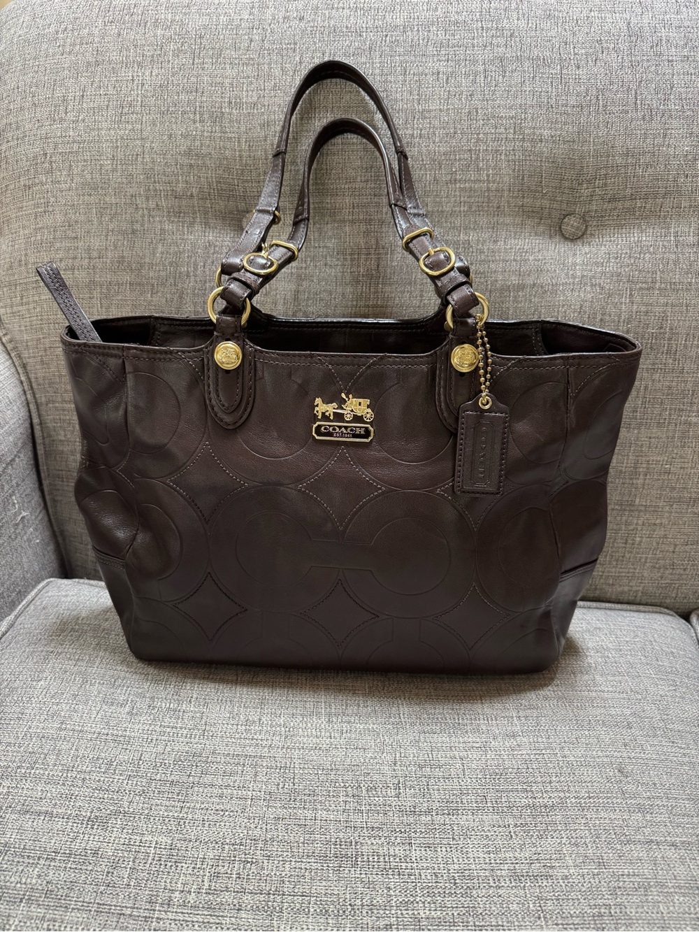 Coach Mia Embossed Signature C Genuine Leather Gold Hardware Tote Brown Bag